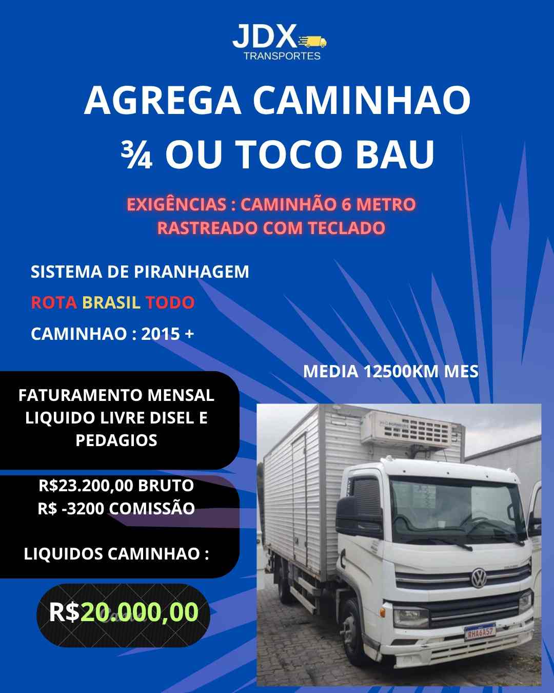 Caminhão 3/4 baú para transporte de pallets PBR - Agregação com faturamento de R$20.000/mês em sistema piranhagem nacional